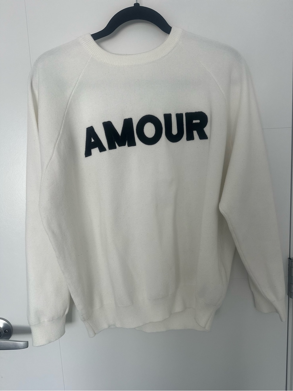 Pink Martini White Crewneck Sweater with Black AMOUR Logo